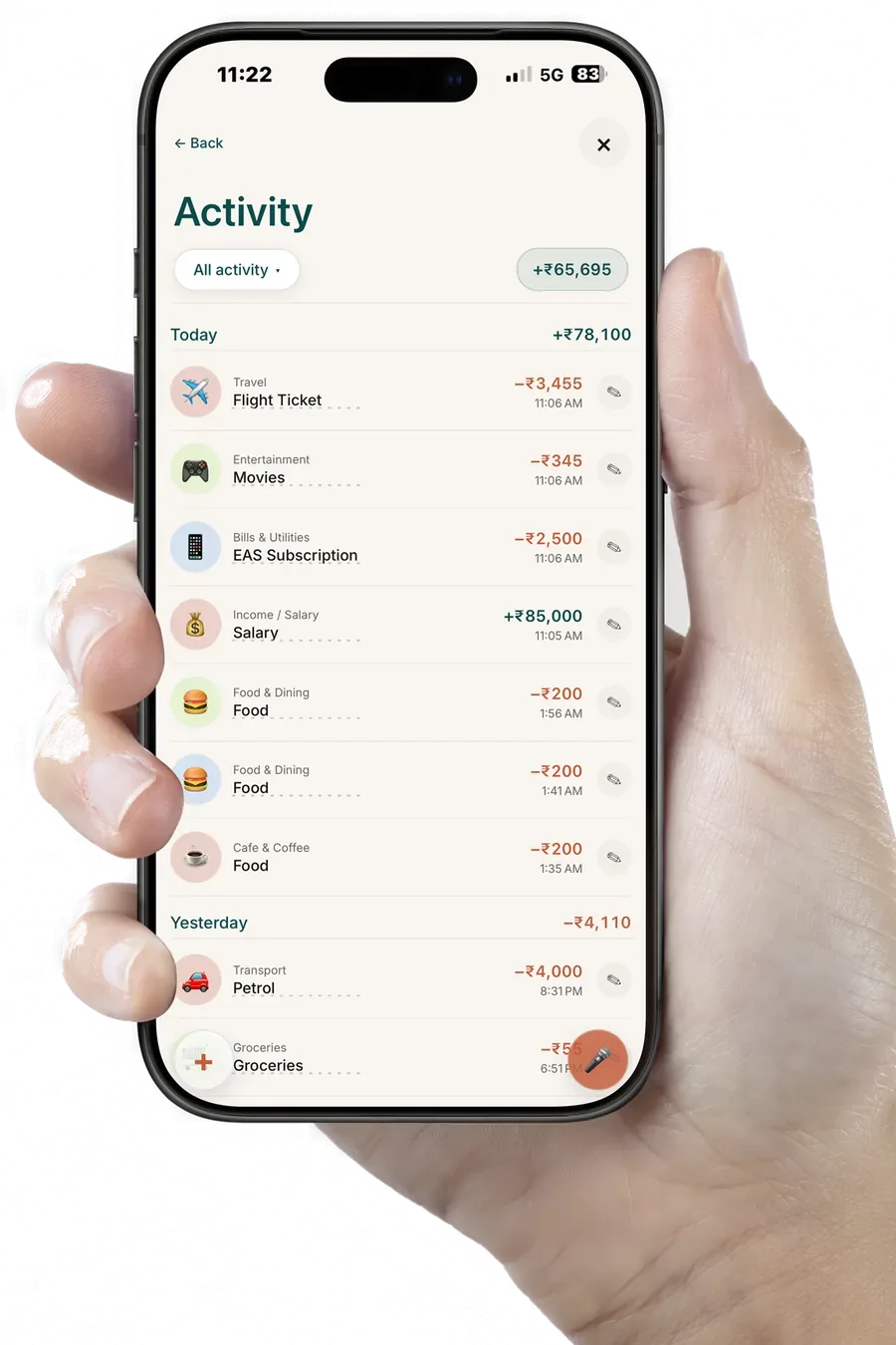 The Activity screen on an iPhone held in one hand, listing each transaction with its category, amount and time, grouped and totalled by day.