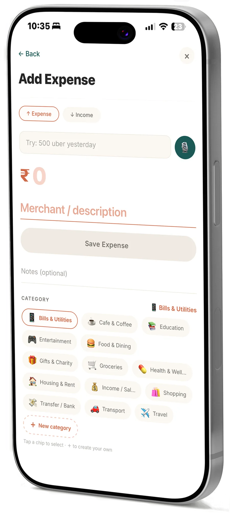 The Add Expense screen: an amount field, a merchant field, a microphone button for voice entry, and a grid of category chips.