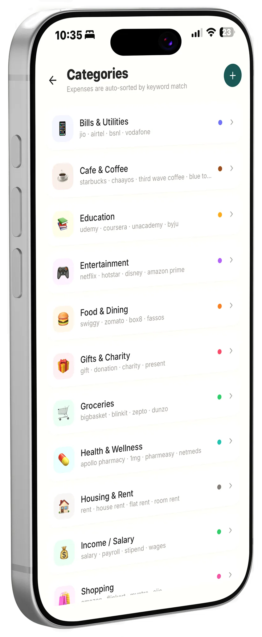 The Categories screen, listing spending categories such as Groceries and Transport, each with its own colour.