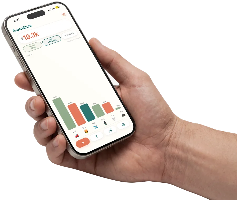 The app open on an iPhone held in one hand, showing a month's spending total above a bar chart of spending by category.